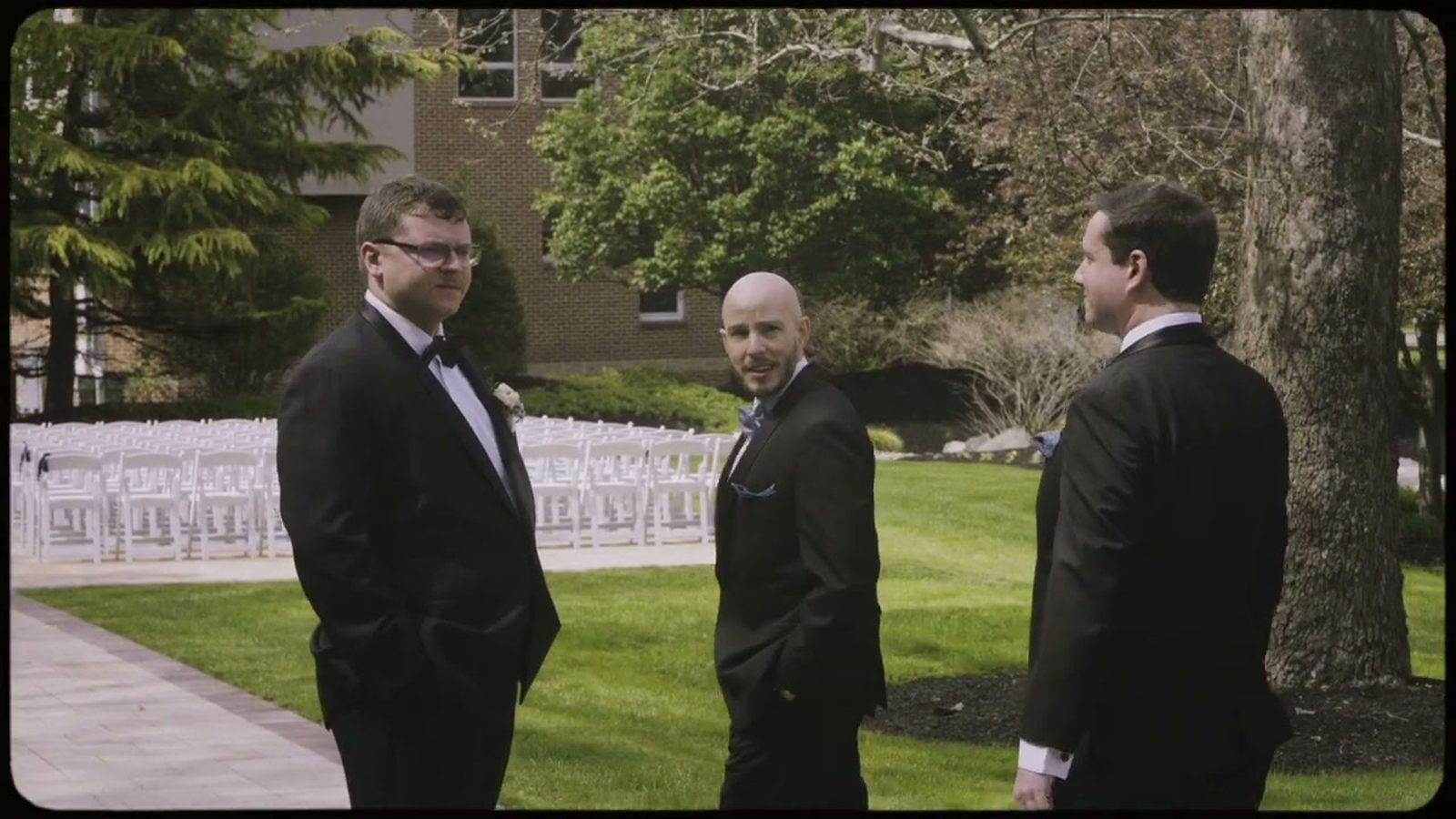 Groom and groomsmen courtyard gathering in Bucks County PA